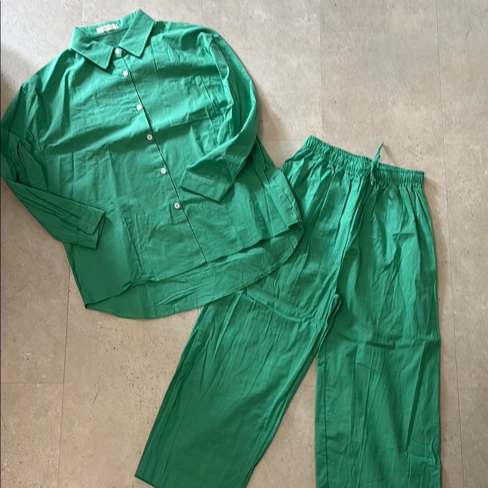Green Fam Fam Button-Up Shirt and Pants Set